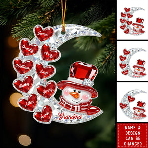 3D Crystal Effect Snowman Grandma On Moon Grandkids Hearts Names - Personalized Acrylic Ornament