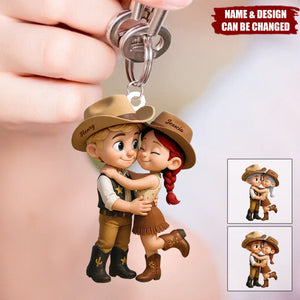Cartoon Style Countryside Couple Cowboy Cowgirl Personalized Keychain