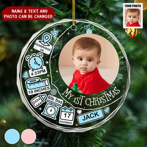 Custom Photo Baby First Christmas Information Icon - Personalized Circle Glass Ornament