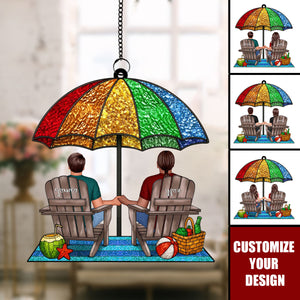 Under Beach Umbrella Happy Couple Personalized Suncatcher Ornament