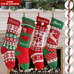 Fun Snowflake Family with Pets Cat, Mouse, Dog Bone Personalized Embroidered Knitted Christmas Stockings