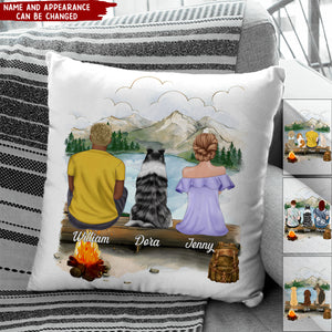Hiking Mountain Dog And Couple - Personalized Pillow, Gift For Dog Lovers