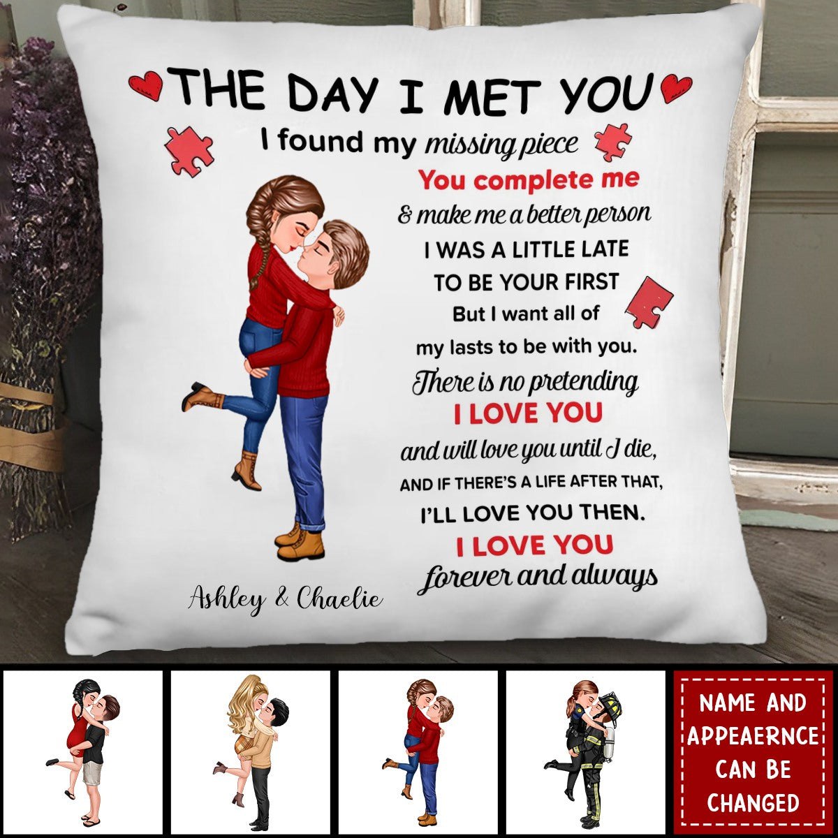 Found My Missing Piece Couple Hugging Kissing Gift by Occupation Gift For Her Gift For Him Firefighter, Nurse, Police Officer Personalized Pillow