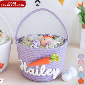 Custom Kids Name Personalized Bunny Carrot Woven Rope Easter Basket