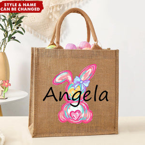 Personalized Egg Hunt Jute Tote Bag Easter Bunny Basket