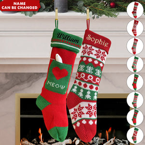 Fun Snowflake Family with Pets Cat, Mouse, Dog Bone Personalized Embroidered Knitted Christmas Stockings