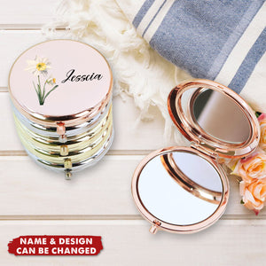 Custom Compact Mirror with Birth Flower, Personalized Name Pocket Mirror