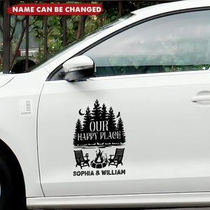 Our Happy Place With Trees, Campfire, And Chairs, Personalized Decor Decal