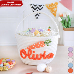 Custom Kids Name Personalized Bunny Carrot Woven Rope Easter Basket