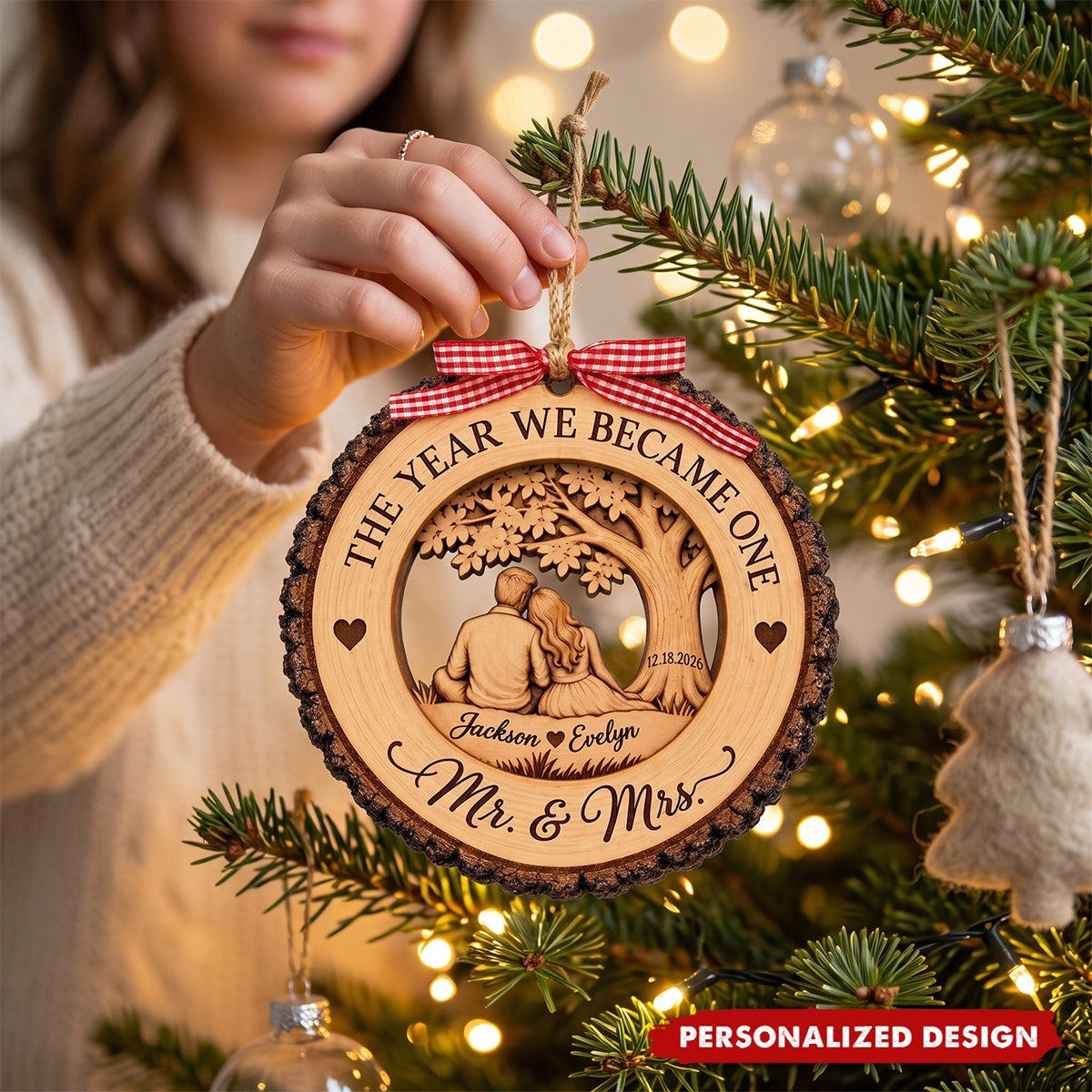 Personalized Mr and Mrs Ornament, First Christmas Married Wood Keepsake