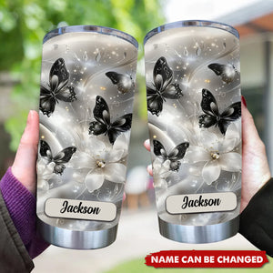 Elegant Black And White Butterfly & Floral Personalized Name Tumbler