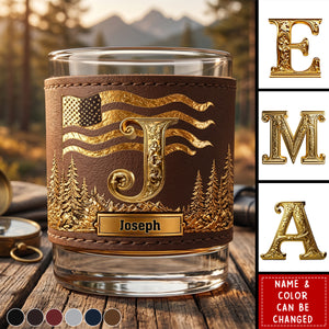 Initial Custom For Whiskey Lovers - Personalized Whiskey Glass With Leather Holder