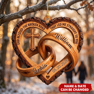 God Blessed The Broken Road Personalized Wood Ornament - Custom Anniversary Keepsake