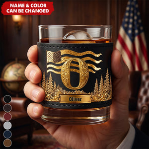 Initial Custom For Whiskey Lovers - Personalized Whiskey Glass With Leather Holder