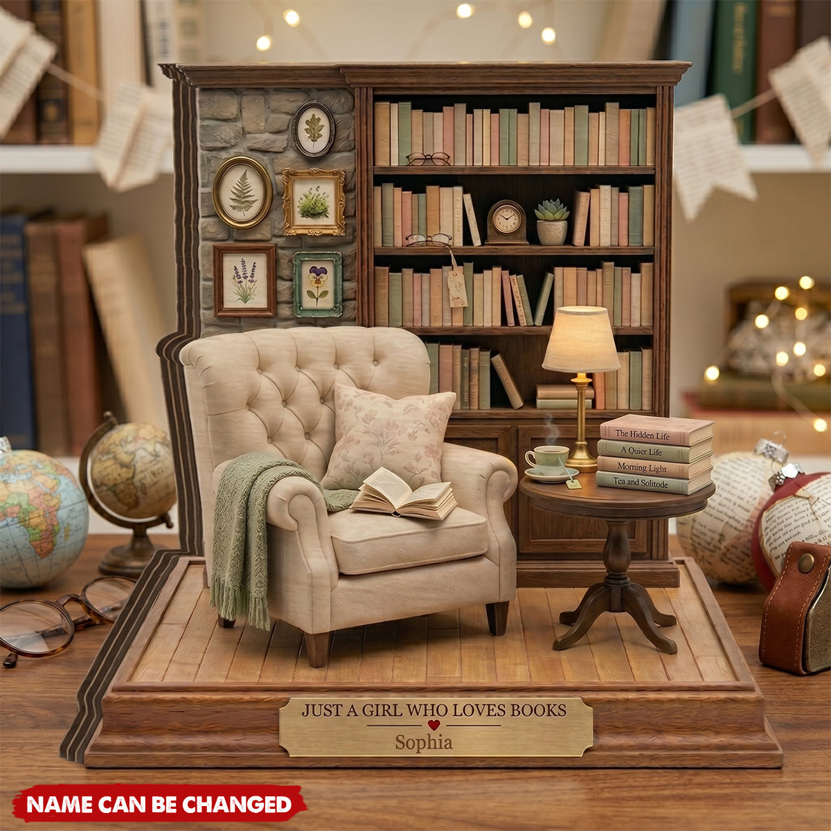 Personalized Reading Room Diorama, Mini Library Scene Wooden 4-Layer Block