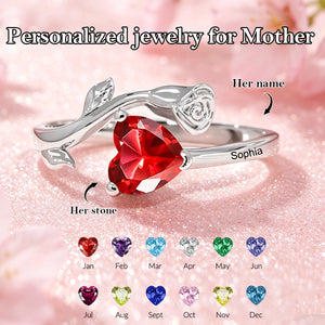 Personalized Birthstone Rose Heart Ring with Engraved Text Dainty Jewelry