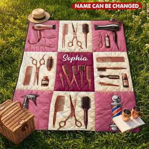 Personalized Hair Stylist Quilt Blanket, Barber Tools Quilt, Custom Name Salon Blanket