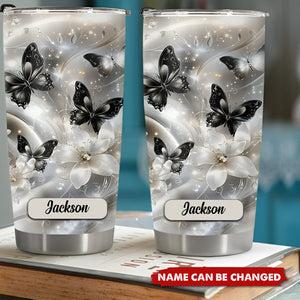 Elegant Black And White Butterfly & Floral Personalized Name Tumbler