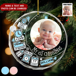 Custom Photo Baby First Christmas Information Icon - Personalized Circle Glass Ornament