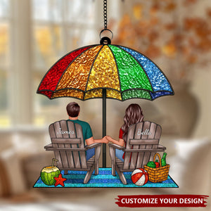 Under Beach Umbrella Happy Couple Personalized Suncatcher Ornament