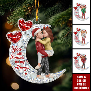 3D Crystal Effect Couple Hug On Moon - Personalized Acrylic Ornament - Gift For Couple, Gift For Him, For Her