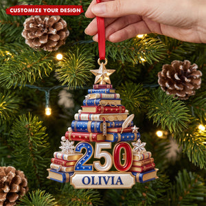Book Stack Christmas Tree Ornament - Personalized 250th Anniversary Gift For Book Lovers