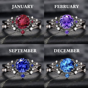 Unique Round Shape Custom Birthstone Stacking Rhodium Black Rings, Gift For Women