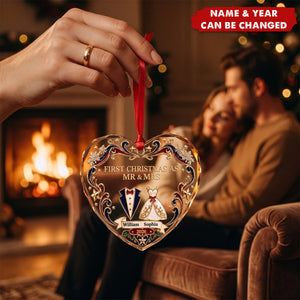 Custom First Christmas Heart Glass Ornament - Personalized Anniversary Christmas Wedding Gifts
