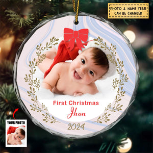 Custom Photo First Christmas - Personalized Circle Glass Ornament