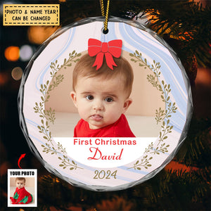 Custom Photo First Christmas - Personalized Circle Glass Ornament