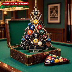 Custom Name Pool Tree Ornament, Unique Billiards Lover Holiday Decor, 8 Ball Cue Stick Pendant, Xmas Decor for Player, Gamer Keepsake