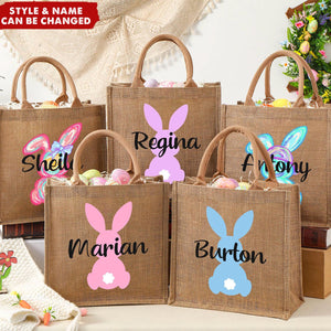 Personalized Egg Hunt Jute Tote Bag Easter Bunny Basket