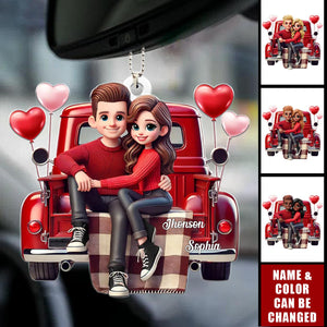 3D Effect Couple Sitting On Red Truck Personalized Acrylic Car Hanger Ornament, Valentine's Day Gift, Anniversary Gift For Couples