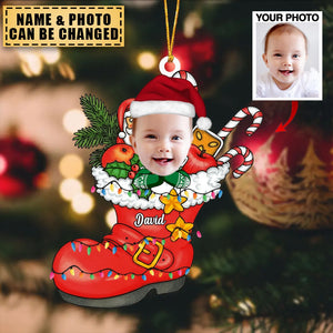 Cute Christmas Kid Santa Shoe Custom Photo Acrylic Ornament