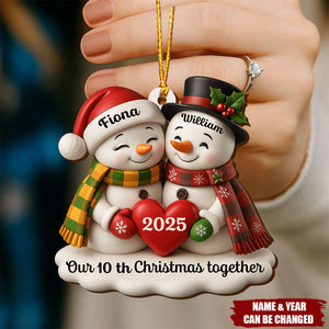 Our Christmas Together, Snowman With Hearts and Holly, Personalized Wood Ornament