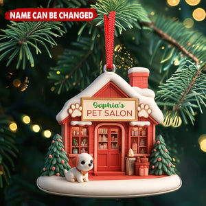 Pet Salon With Dog and Christmas Tree - Personalized Wood Ornament
