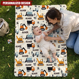 Construction Vehicle Custom Baby Name - Personalized Fleece Blanket