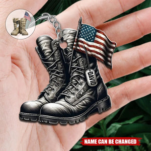 Military Boots And American Flag Personalized Shaped Keychain - Perfect Gift For Soliders