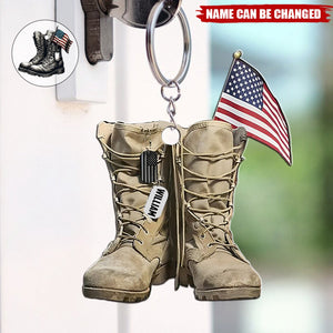 Military Boots And American Flag Personalized Shaped Keychain - Perfect Gift For Soliders