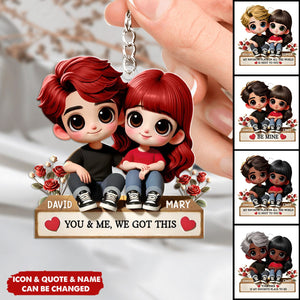 Cartoon Couple Sitting Next To Each Other Personalized Acrylic Keychain - Anniversary Valentine's Day Gift For Husband, Wife