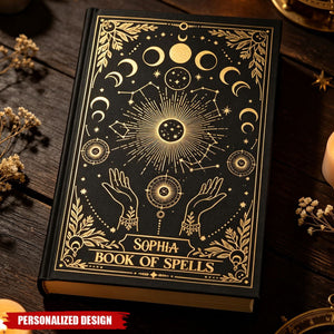 Personalized Book Of Spells Hardcover Journal - Custom Name Celestial Moon Phase Witchy Notebook