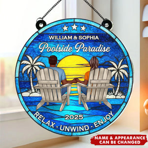 Poolside Paradise Couple Sitting Personalized Window Ornament