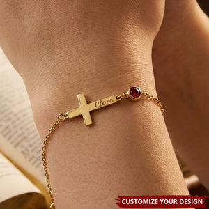 Cross Name Bracelet With Birthstone - Personalized Cross Bracelet