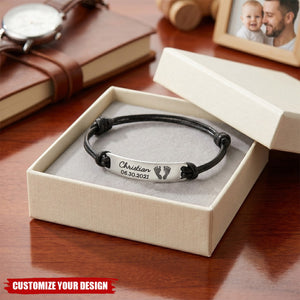 Baby Footprints Leather Bracelet - Personalized Bracelet for Dad, Husband Fathers Day Gift