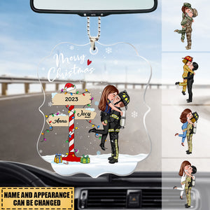 Winter Couple Hugging Kissing In The Snow Personalized Acrylic Car Ornament