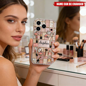Personalized Makeup Phone Case, Pink Gold Beauty Cosmetic Design