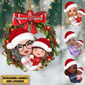 Doll Grandma Hugging Kid In Wreath Christmas Gift For Granddaughter Grandson Personalized Acrylic Ornament
