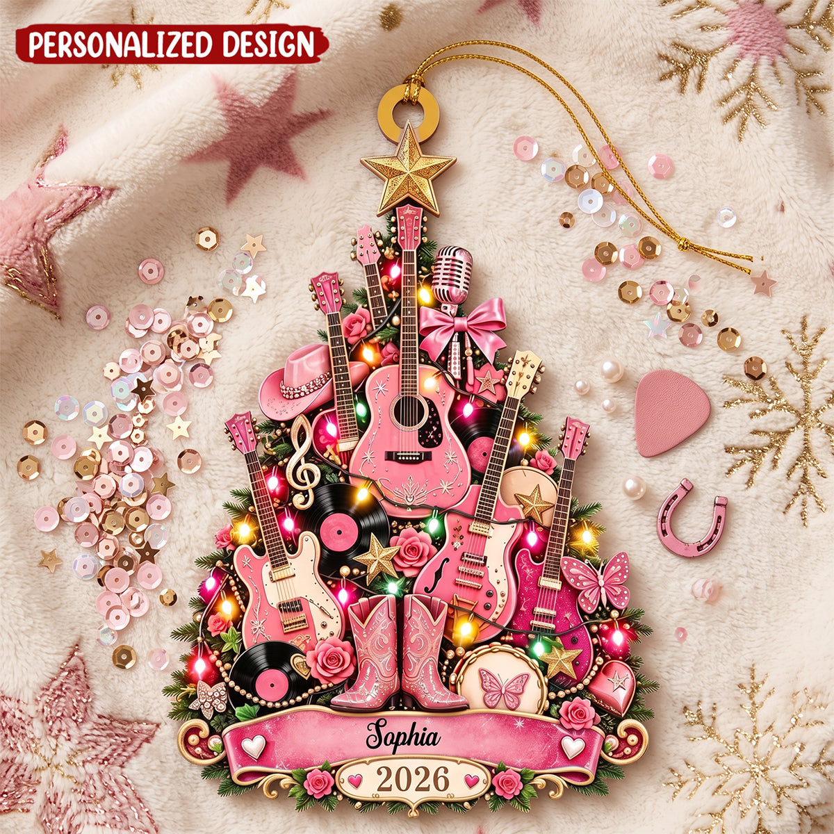 Personalized Country Music Christmas Ornament, Custom Name Pink Guitar Ornament