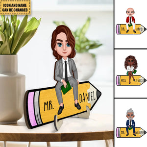 Doll Teacher Sitting On Pencil Personalized 2-Layer Wooden Plaque