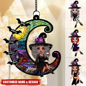 Grandma Mom Witch On Moon Personalized Window Hanging Suncatcher Ornament, Halloween Decor